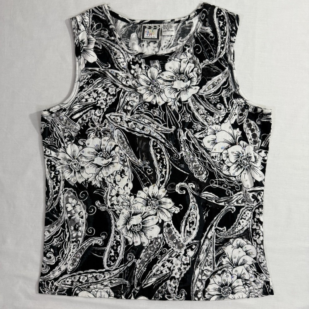 Y2K Take Two Black White Floral Rhinestone Tank Top Womens XL 100%‎ Cotton